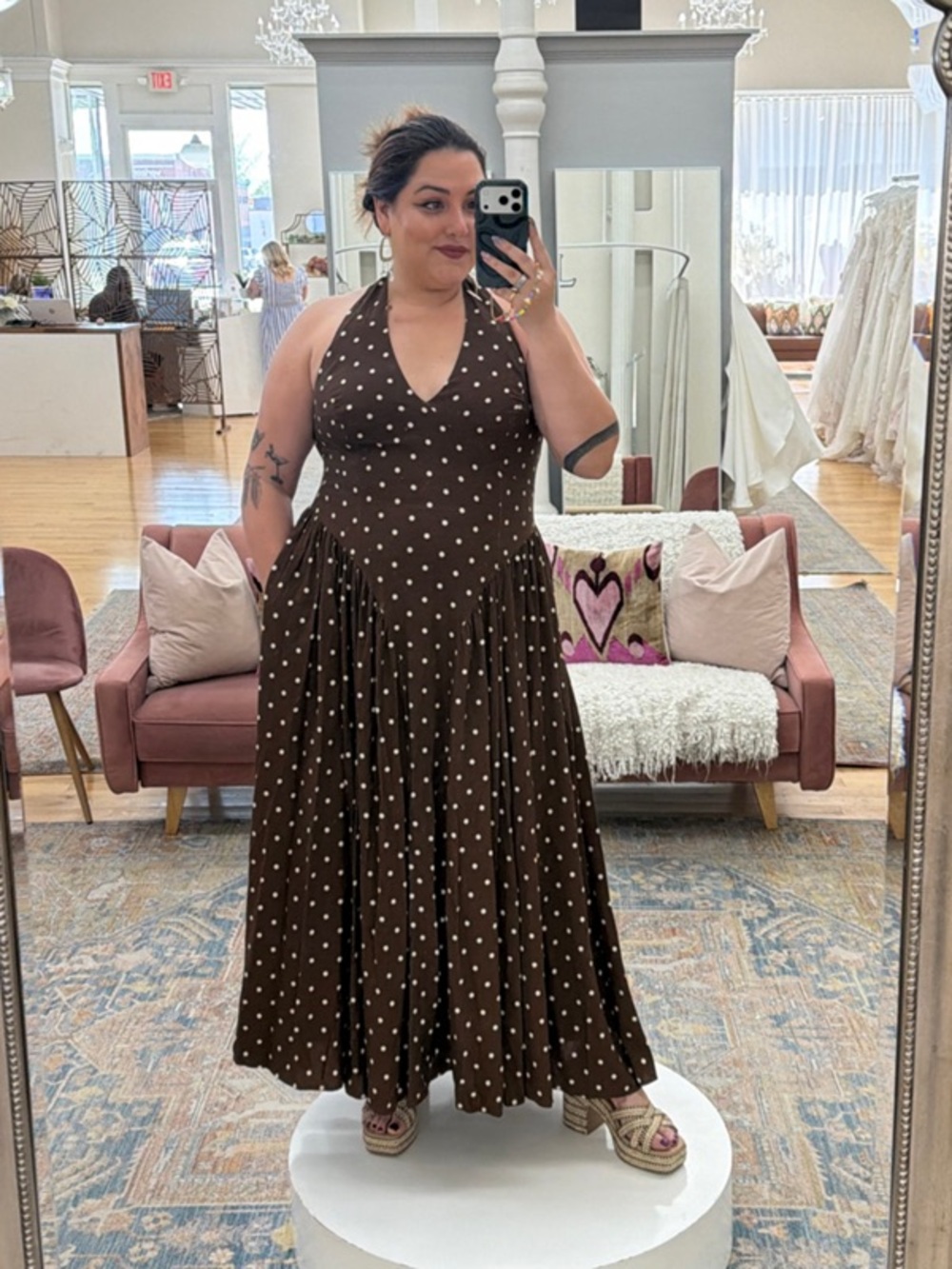 Hutch Polka Dot Halter Maxi Dress Brown Linen Blend Size 18W